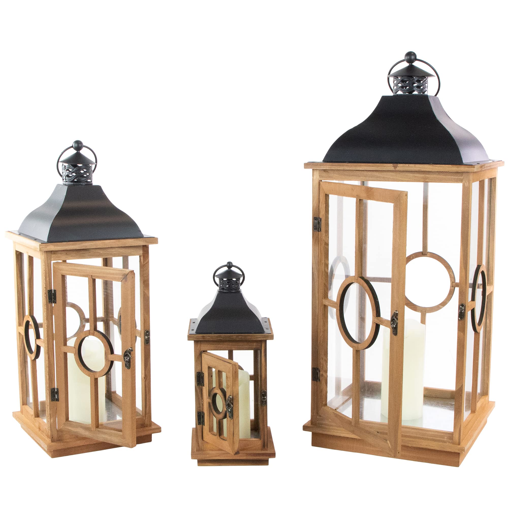 Set of 3 Natural Wood Candle Lanterns with Black Metal Tops - 26.5 Inch Rustic Brown Home Decor for Patio, Garden, Wedding & Outdoor Lighting