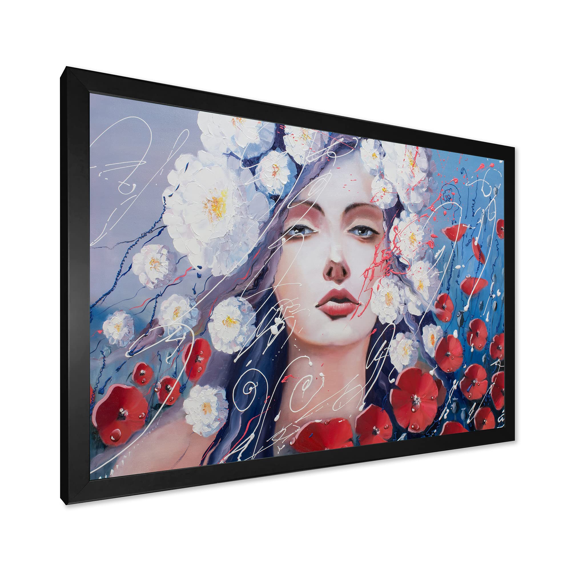Traditional Framed Wall Art - Portrait of a Young Woman with Red & White Flowers | Elegant Home Decor for Living Room, Bedroom & Office | DesignQ Canvas Painting
