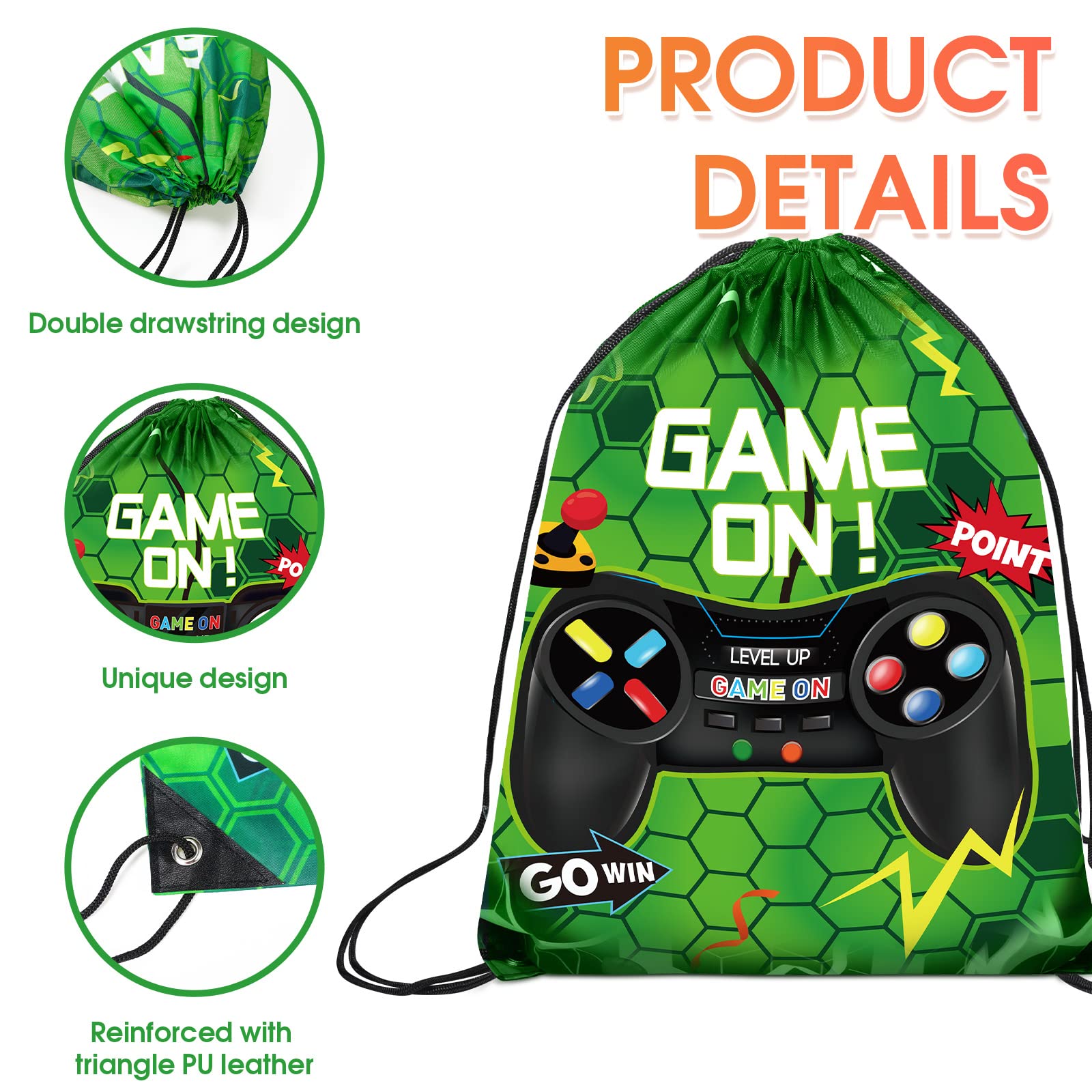 Eccliy 10-Pack Green Video Game Drawstring Favor Bags 17x13 Inch - Perfect for Gaming Parties, Birthday Goodie Bags & Loot Bags