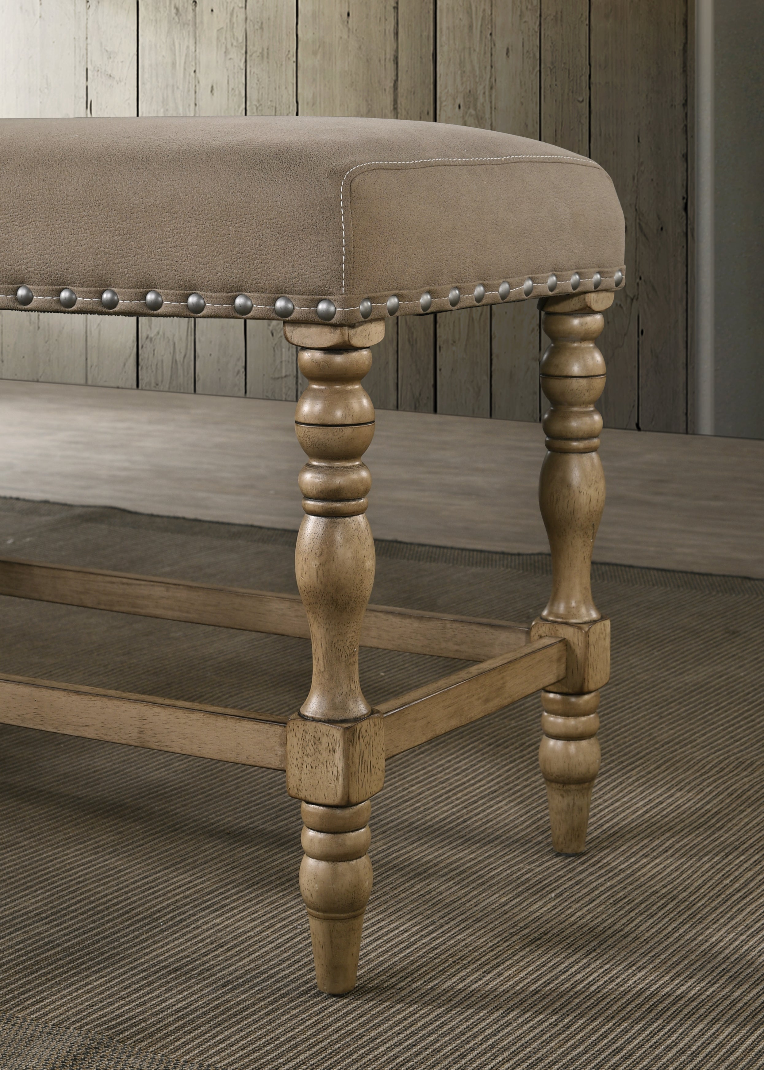 Roundhill Furniture Birmingham Microfiber Upholstered Counter Height Bench with Nail Head Trim in Driftwood Finish - Stylish Bar Stool for Kitchen Island, Breakfast Nook & Entryway Seating