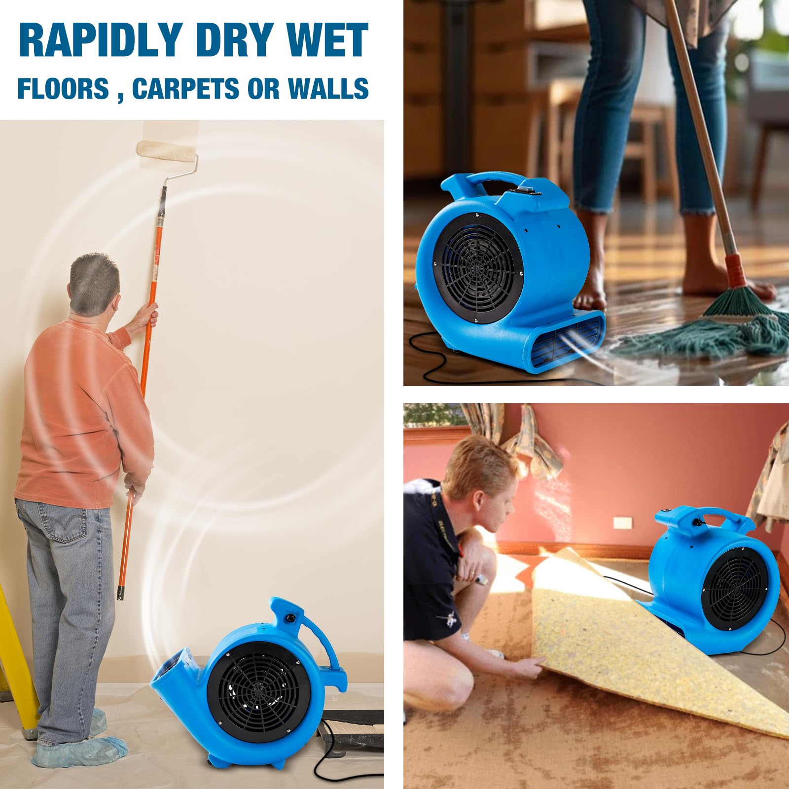 Mounto 1/2HP High-Power Air Mover Fan - 2200 CFM Floor Drying Blower with 2-Speed Settings for Carpet, Water Damage Restoration & Air Circulation - Lightweight Commercial/Home Use for Basements, Gyms & Construction Sites