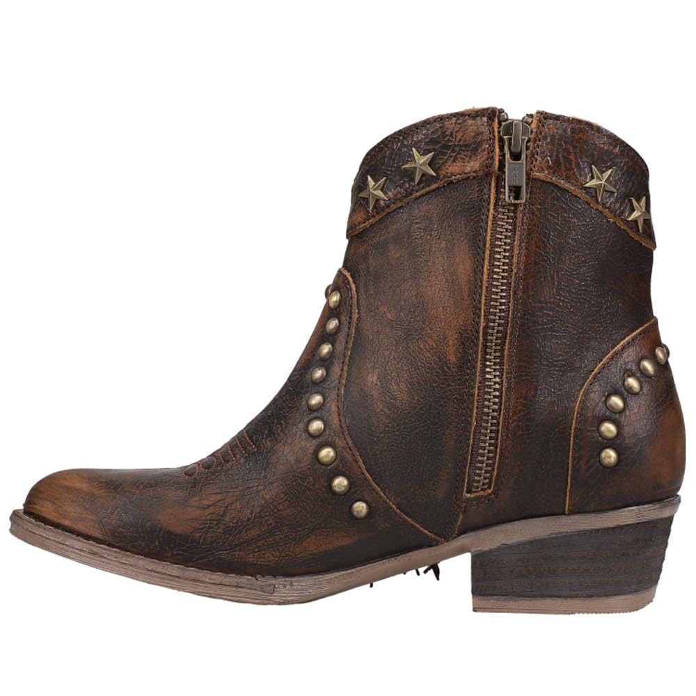 Circle G Women's Distressed Brown Fringe & Studs & Laser Ankle Boots - Round Toe, Rubber Sole, Urban Style Q0181 - Perfect for Casual Outings, Music Festivals & Boho Fashion