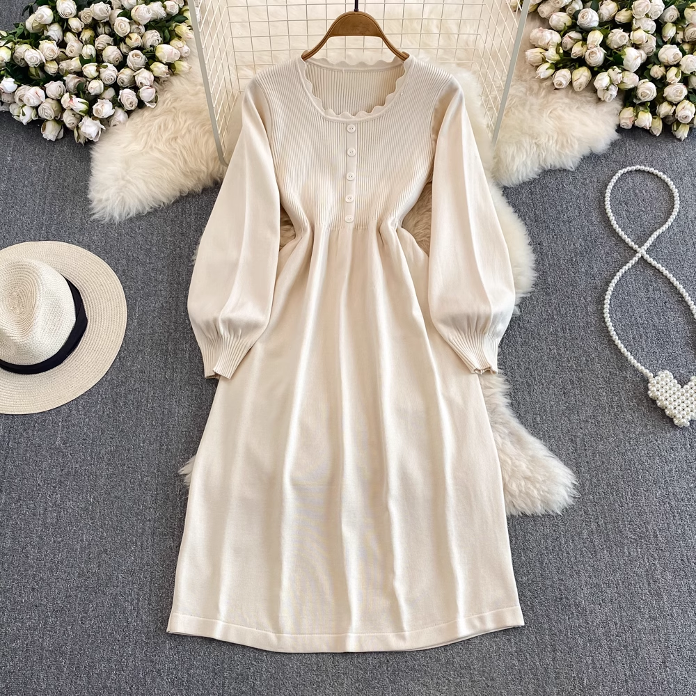 Women's Autumn Winter Long Sleeve Round Neck A-Line Knit Dress 1454 - Cozy Mid-Length Sweater Dress for Office, Date Night & Holiday Parties