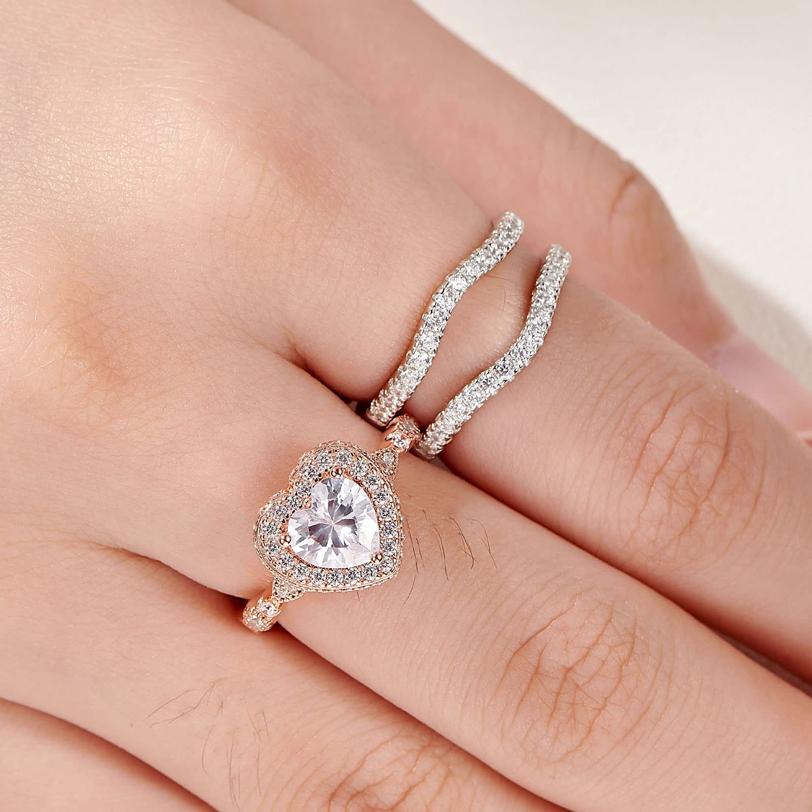 Heart Wedding Rings for Women - 5A CZ Engagement Ring Enhancer Set, 925 Sterling Silver, 2Ct Bridal Band, Size 5-10 - Perfect for Proposals, Anniversaries & Romantic Occasions
