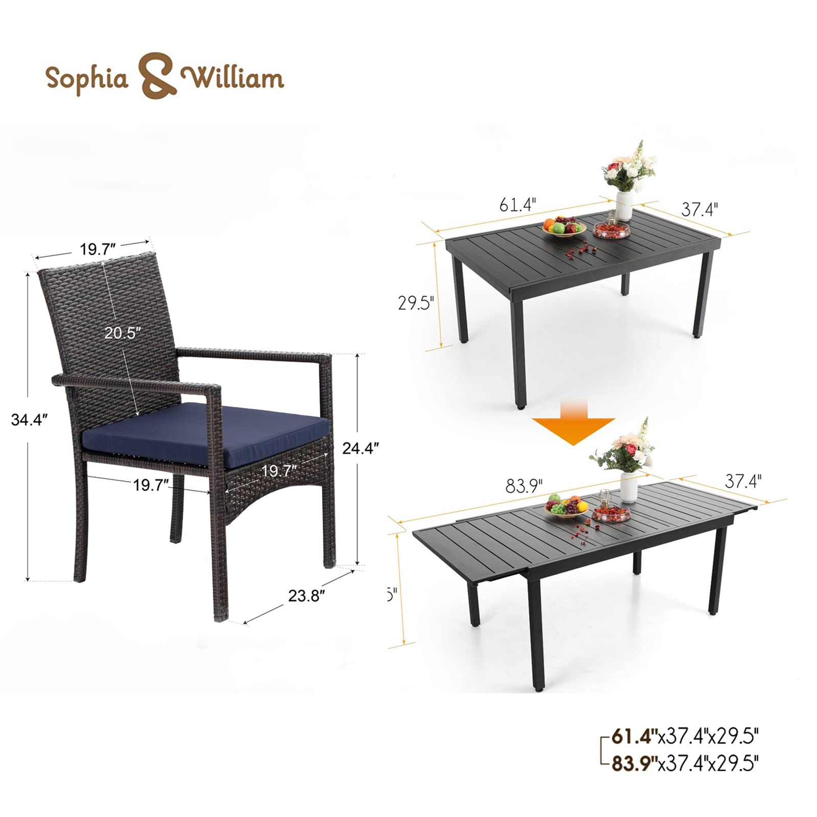 Sophia & William 9-Piece Outdoor Patio Dining Set for 6-8 People - Expandable Metal Table & PE Rattan Chairs with Cushions - Modern Conversation Furniture for Terrace, Porch, Backyard, Garden or Poolside Entertaining