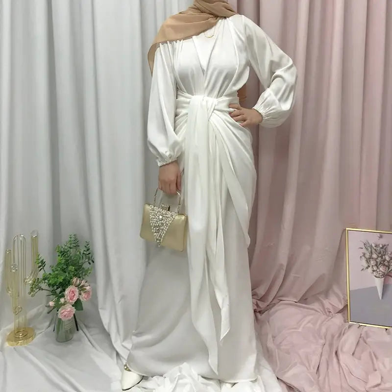 Elegant Satin Abaya Dress with Midi Wrap - Modest Muslim Women's Prayer Dress for Eid, Ramadan & Special Occasions