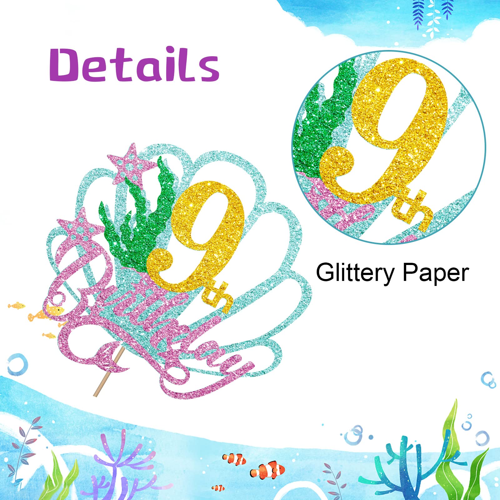 Mermaid 9th Birthday Cake Topper - Gold Glitter Happy 9th Birthday Cake Decor for Girls, Little Mermaid Party Decoration, Under the Sea Theme Party Supplies - Perfect for Birthday Cakes, Cupcakes, and Dessert Tables