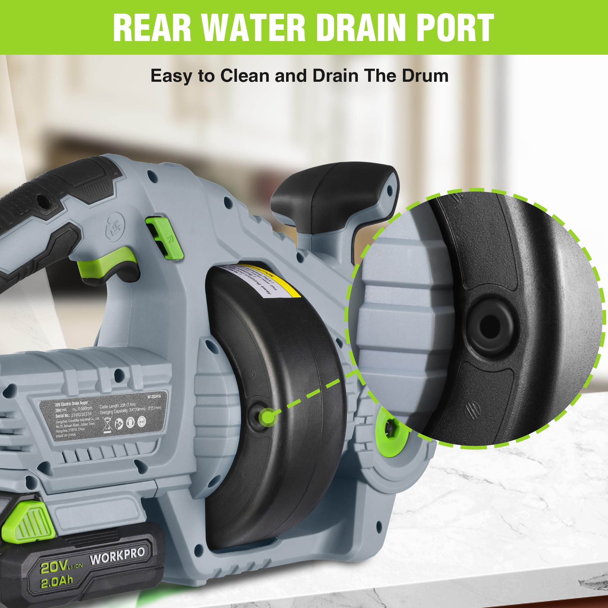 WORKPRO 20V Cordless Drain Auger Snake Kit - 25Ft Heavy Duty Plumbing Snake with 2.0AH Battery & Charger for Clogged Toilet, Shower, Sink, Sewer Line (Fits 3/4
