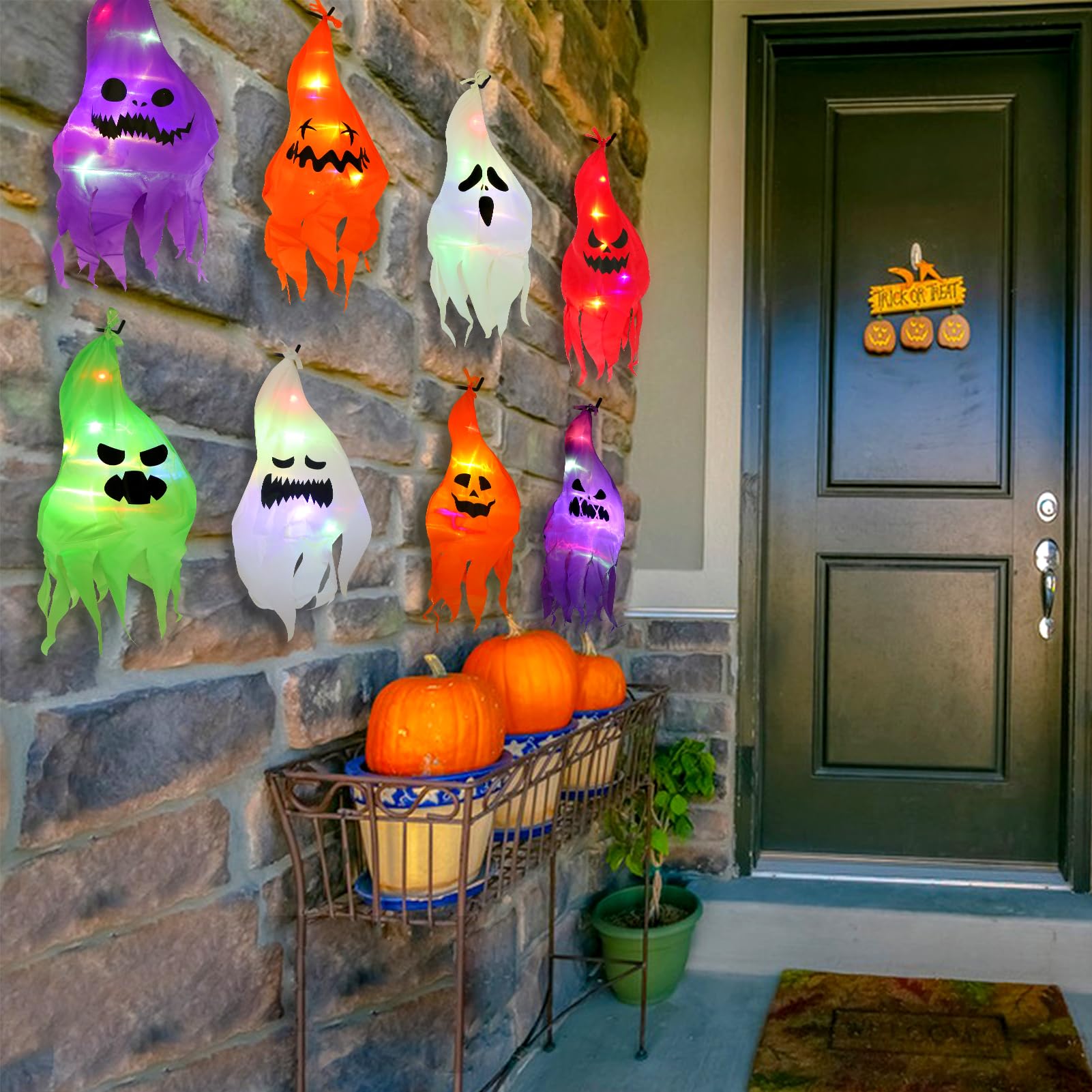 Halloween Hanging Ghost Lights - Outdoor Halloween Decorations with 8 Cute Lighted Ghosts for Front Yard, Patio, Lawn & Garden - Spooky Party & Home Decor