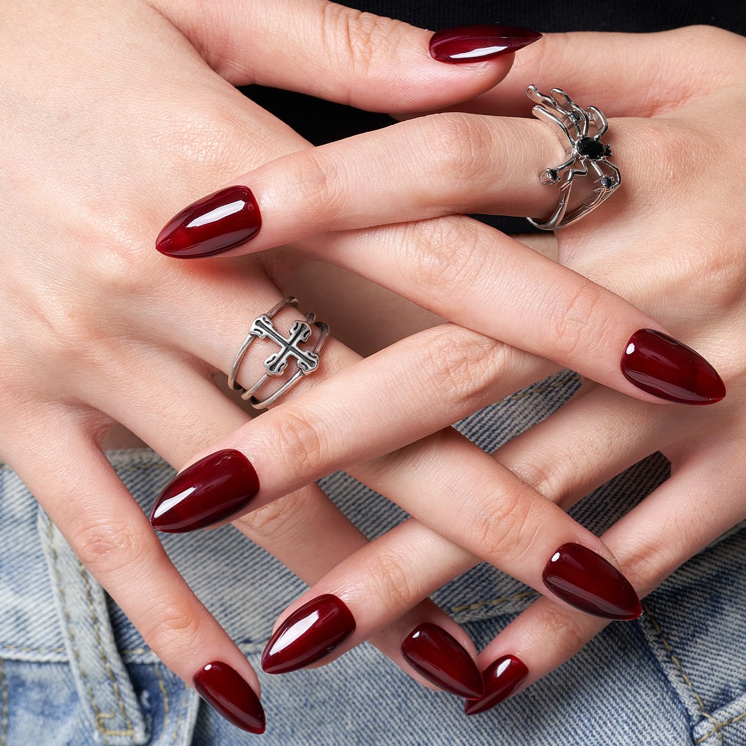 GLAMERMAID Dark Red Press On Nails Short Almond Shape - Blood Scarlet Red Handmade Soft Jelly Gel Fake Nails for Women | Burgundy & Deep Red Oval Stick-On Nails Kit with Glue | Reusable Acrylic False Nails Set for Parties, Weddings & Everyday Wear