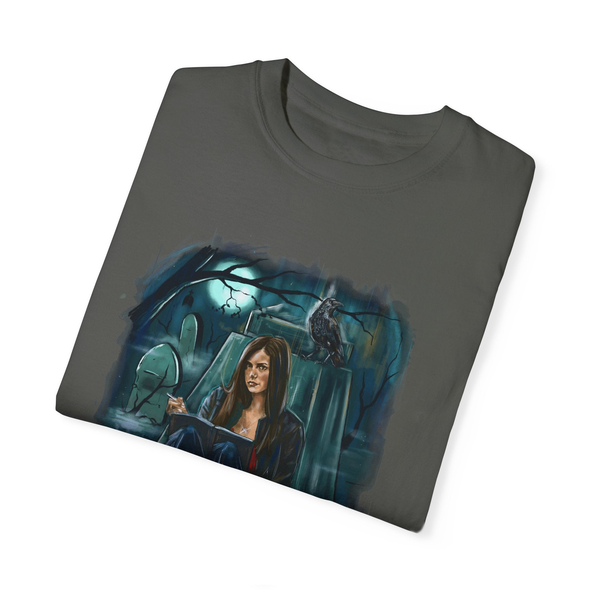 Gloomy Graveyard Girl Graphic T-Shirt - Gothic Horror Fashion for Women | Perfect for Halloween, Cosplay & Alternative Style Outfits