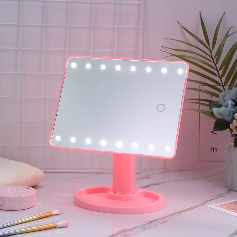 16 LED Makeup Mirror with Touch Dimmer Switch - Battery Operated Vanity Mirror with Stand for Tabletop (Pink) - Perfect for Home Dressing Table, Travel & Professional Makeup Artists