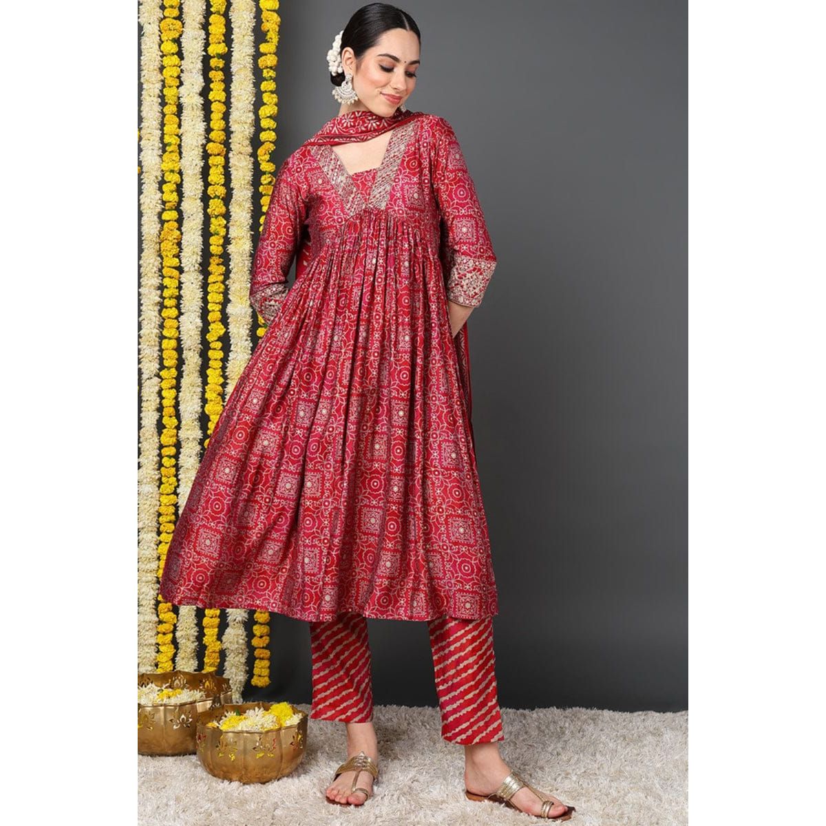 Stylish Maroon Printed Flared Suit Set for Women | Elegant Party Outfit & Festive Wear | Perfect for Weddings, Cocktail Parties & Holiday Celebrations