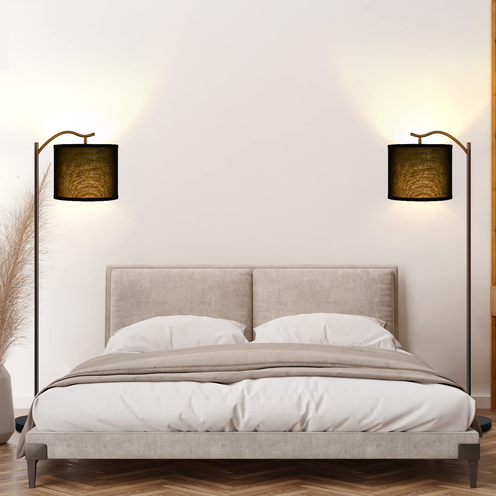 Modern LED Arched Floor Lamp with Black Linen Shade - Tall Standing Lamp for Living Room, Bedroom, Office & Corner - E26 Socket & Footswitch - Mid Century Design for Home Decor & Reading Nook