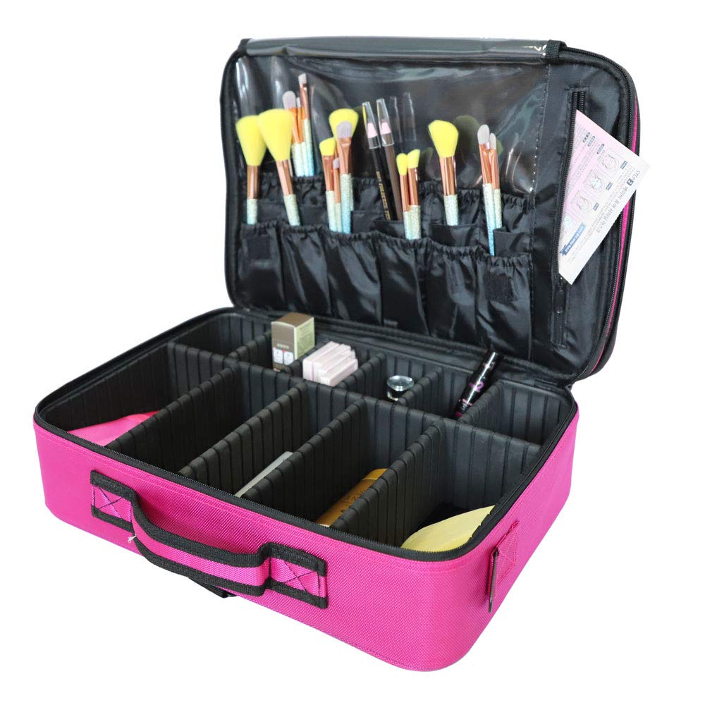 Professional Travel Makeup Case - Portable Cosmetic Bag Organizer with Adjustable Dividers for Makeup Brushes, Toiletry & Jewelry (15.9 x 10.6 x 4.7 inches) - Perfect for Travel, Salon & Home Use - Red