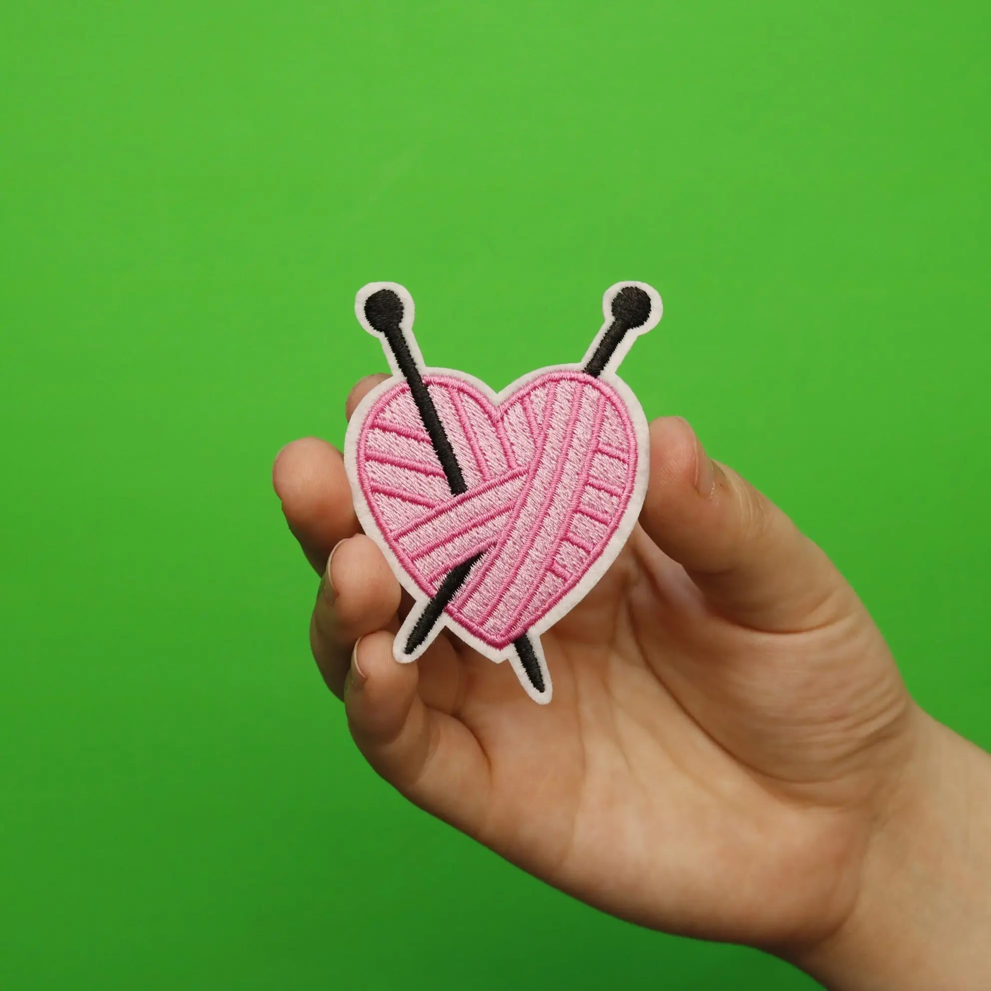 Pink Yarn Ball Heart Patch - Embroidered Iron On Applique for Knitting Needles & DIY Crafts - Perfect for Sweaters, Bags, and Denim Jackets
