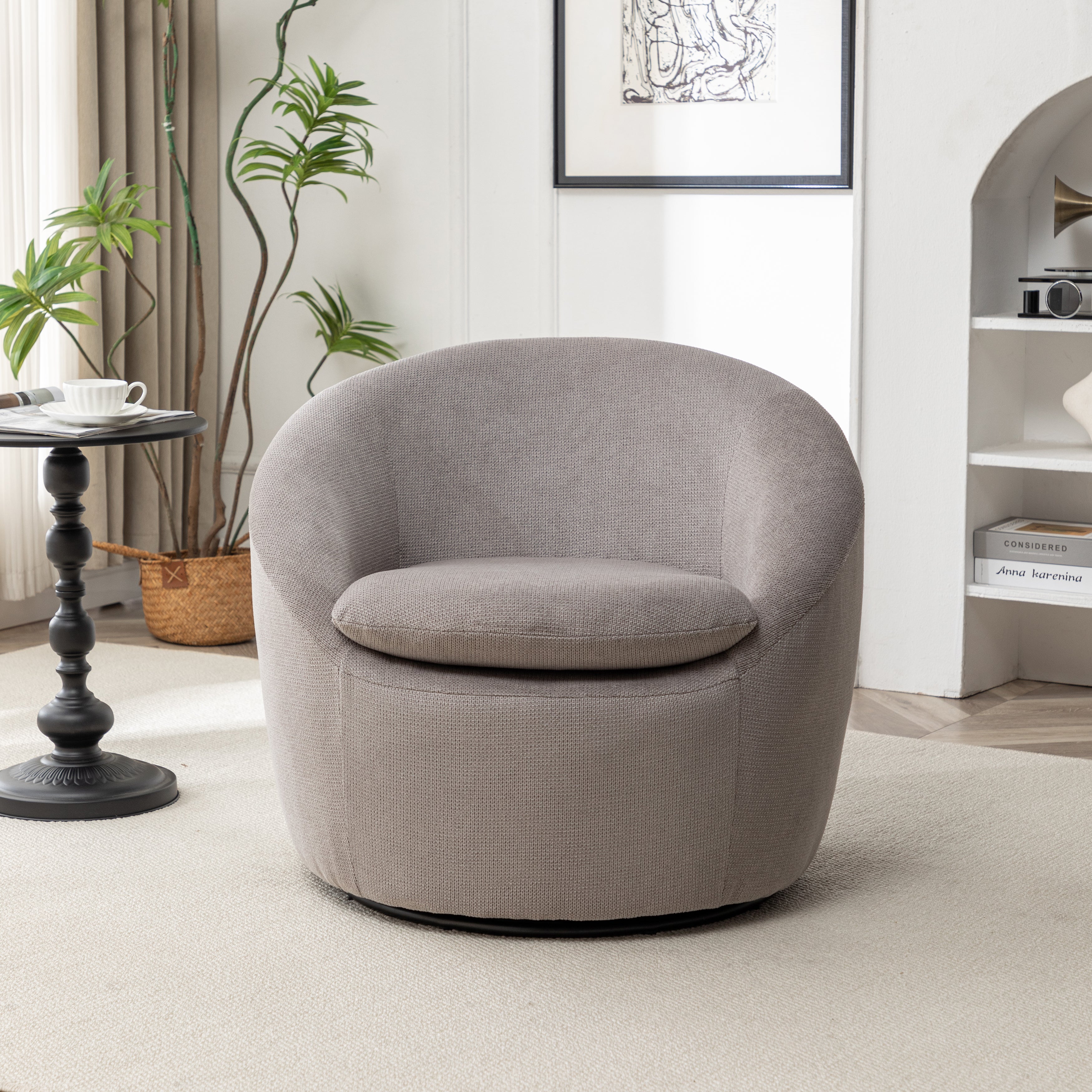 Roundhill Furniture Winnie Modern Barrel Chair - 360° Swivel Accent Chair with Upholstered Seat & Metal Base for Living Room, Bedroom or Office