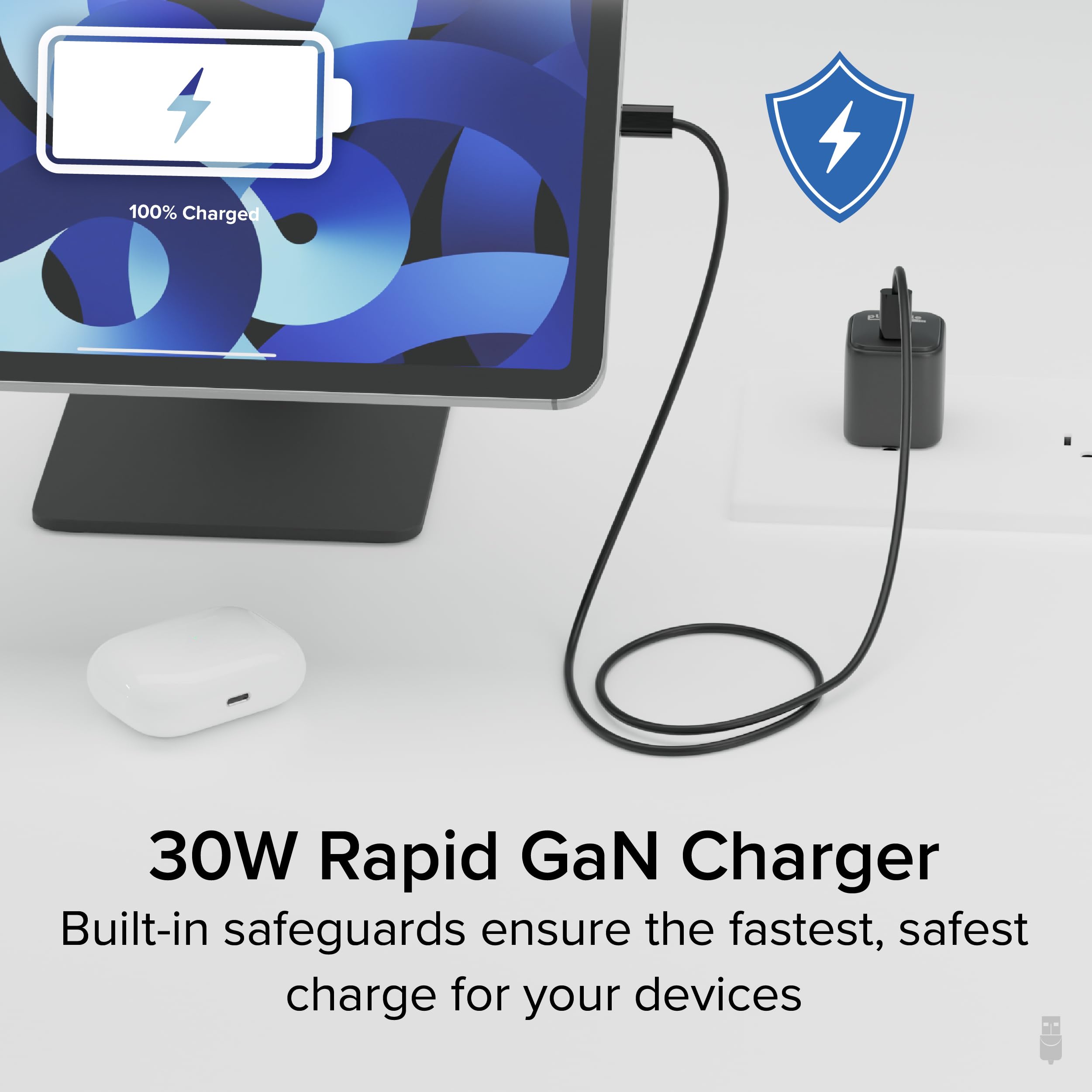 Plugable 30W GaN USB C Fast Charger Block with Foldable Prongs - PPS Charger for iPhone 16/16 Pro/16 Pro Max, iPad Pro, Samsung Galaxy S23, AirPods - Compact Travel Charger for Home, Office & Car (Black)