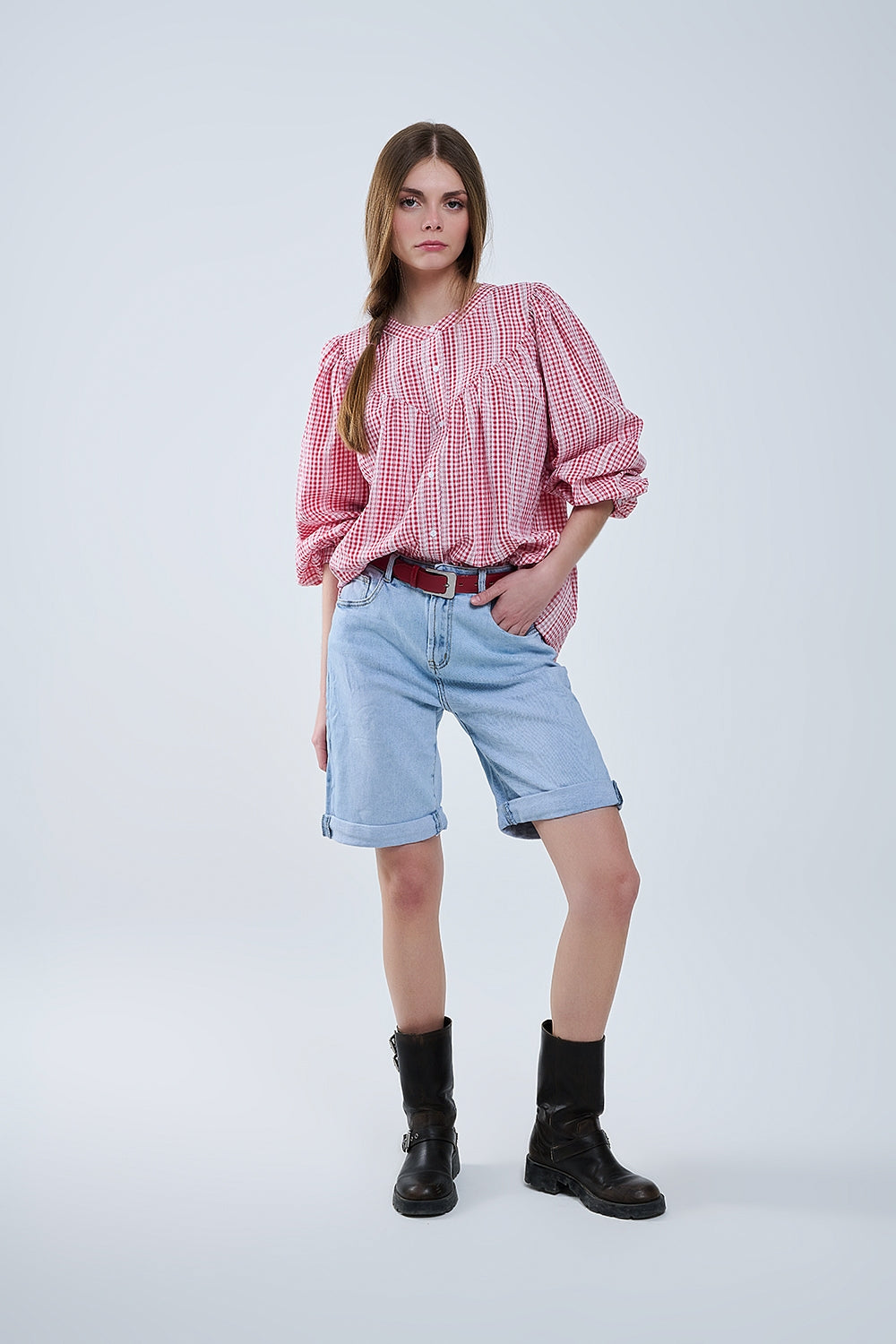 Red and White Vichy Check Floral Print Sleeveless Collarless Blouse for Women - Perfect for Casual Outings, Summer Dresses & Office Wear