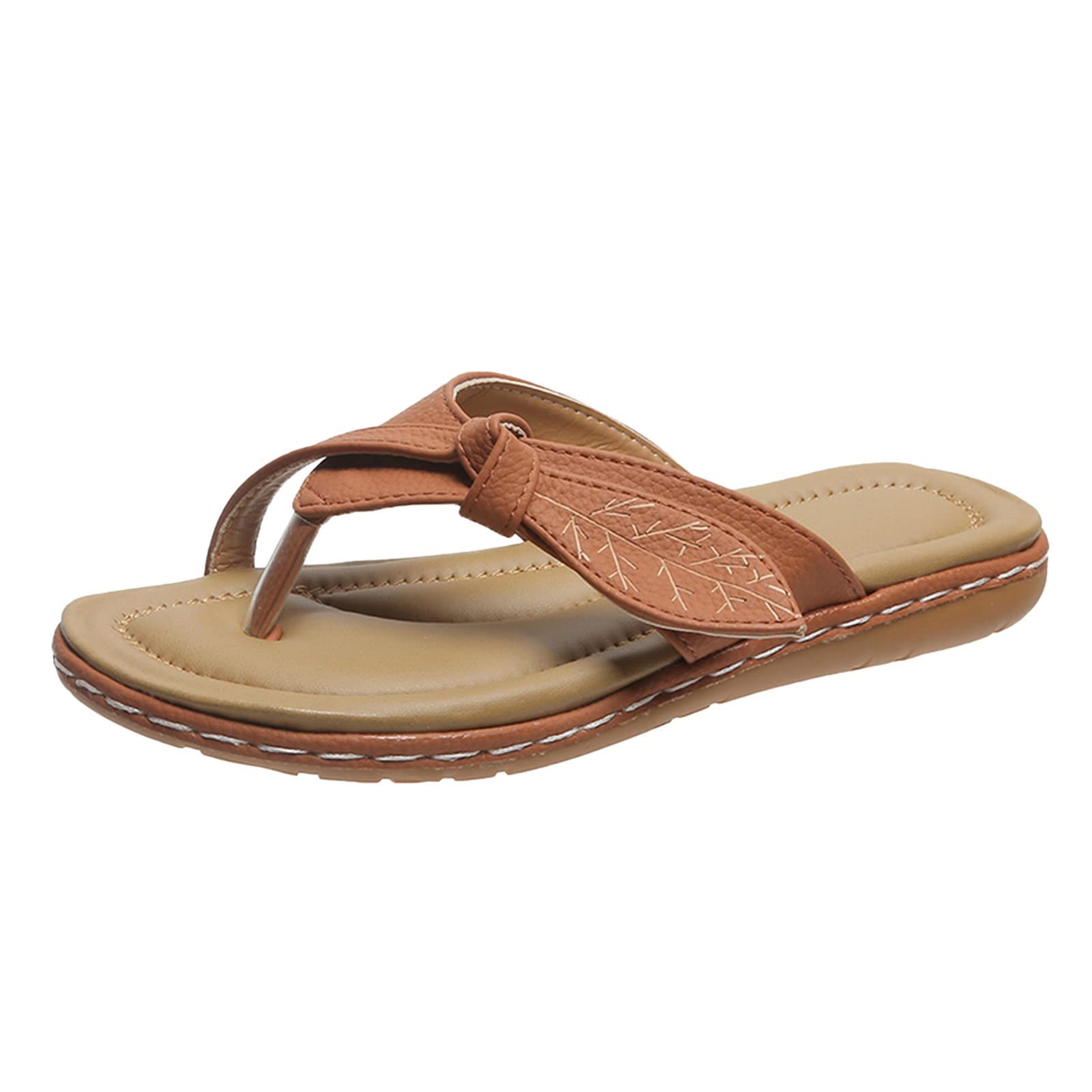 Women's Leather Flip Flops with Leaf Decoration - Comfortable Fashion Sandals for Ladies - Perfect for Beach, Pool, and Summer Outfits