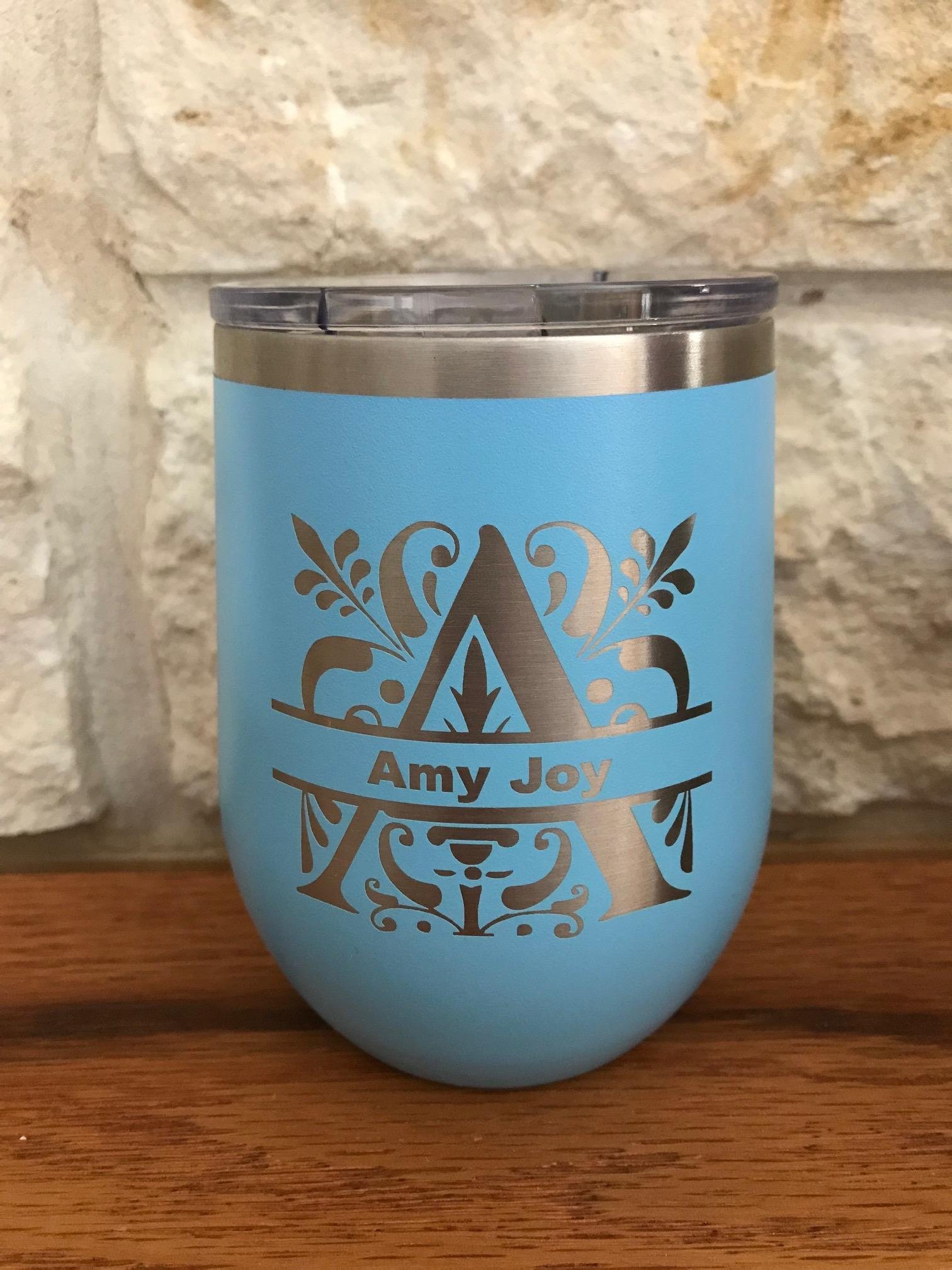 Personalized Stainless Steel Stemless Wine Glass Tumbler - 12oz Double Wall Vacuum Insulated (Light Blue) - Engraved Front & Back - Perfect for Gifts, Parties, and Outdoor Wine Tasting