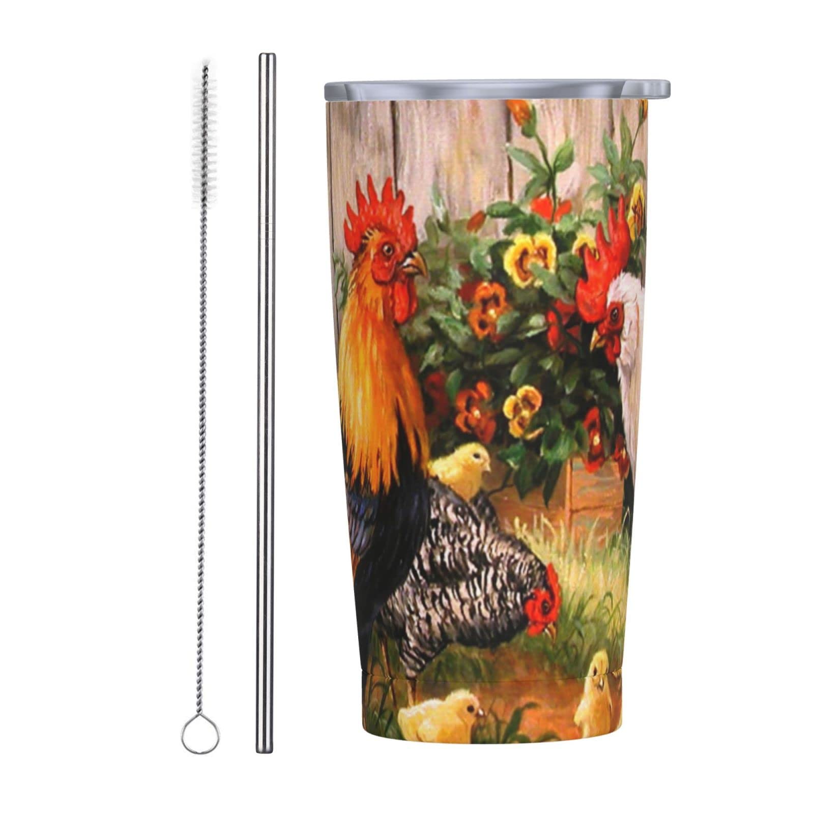 Spill-Proof 20oz Stainless Steel Coffee Tumbler with Straw - Vacuum Insulated Travel Mug for Hot & Cold Drinks, Fashion Chicken Rooster Garden Floral Design - Perfect Gift for Men & Women - Ideal for Office, Commuting, Camping and Outdoor Activities