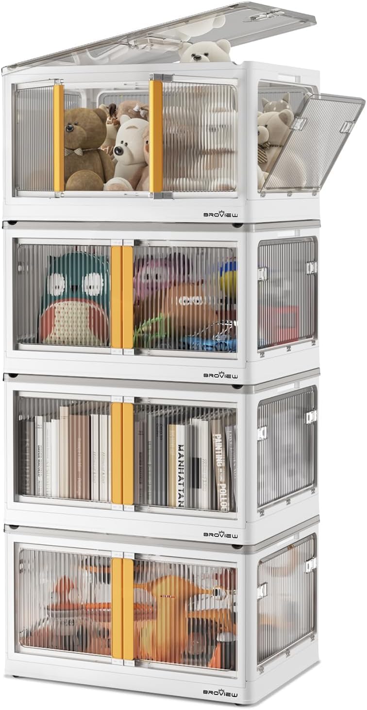 4-Pack Stackable Collapsible Storage Bins with Lids & Wheels - 100 Gallon Plastic Storage Containers with 5 Doors - Foldable Closet Organizers for Home, Garage & Office Organization - White Storage Bins for Shelving, Cabinets & Underbed Storage
