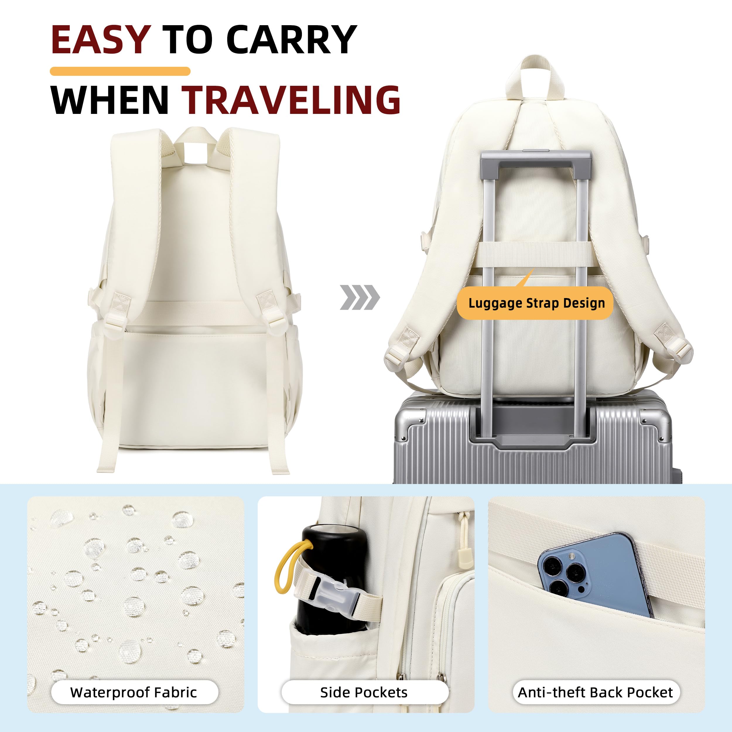 15.6 Inch Water Resistant Laptop Backpack for College Students - Durable Bookbag for Teens, Kids, Women & Men - School, Work, Travel & Sports Backpack in Off White | Perfect for Daily Commute, Business Trips & Outdoor Activities