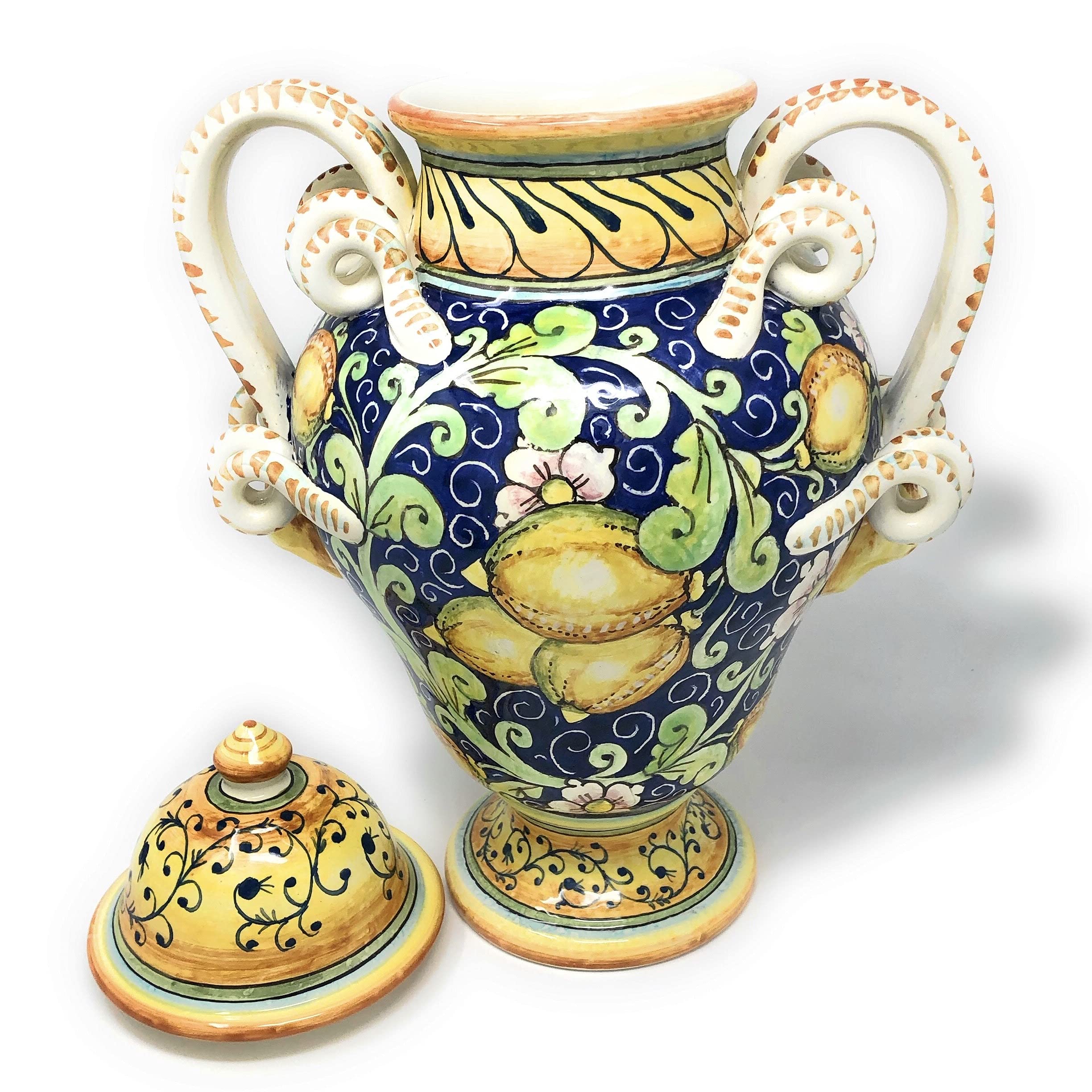 Italian Ceramic Amphora Vase - Hand Painted Tuscan Lemon Decor Art Pottery from Italy | Elegant Home Decor, Wedding Centerpiece & Mediterranean Style Gift