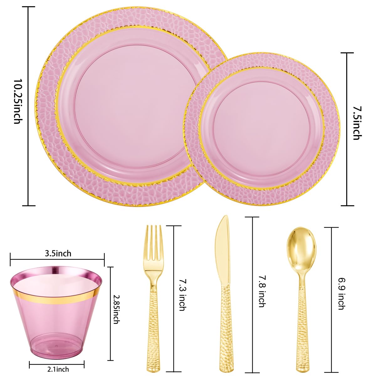 150-Piece Clear Purple & Gold Plastic Party Tableware Set - 25 Dinner Plates, 25 Dessert Plates, 25 Cups, 25 Forks, 25 Knives, 25 Spoons - Elegant Wedding, Birthday & Special Event Disposable Tableware for Easy Cleanup
