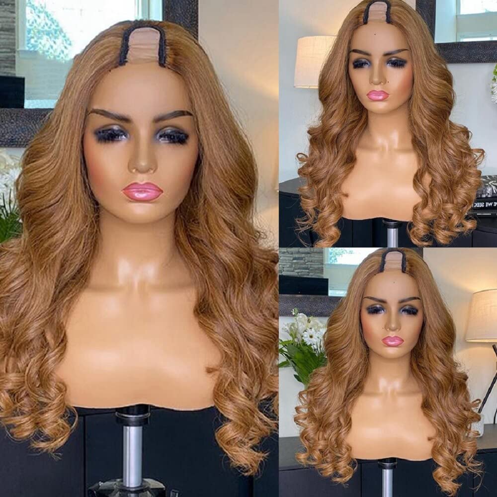 Honey Blonde U-Part Human Hair Wig for Black Women - Brazilian Remy Virgin Body Wave 18 Inch 150% Density (Color 27# Brown) | 2x4 U-Shape Clip-in Half Wig for Daily Wear, Parties & Special Occasions
