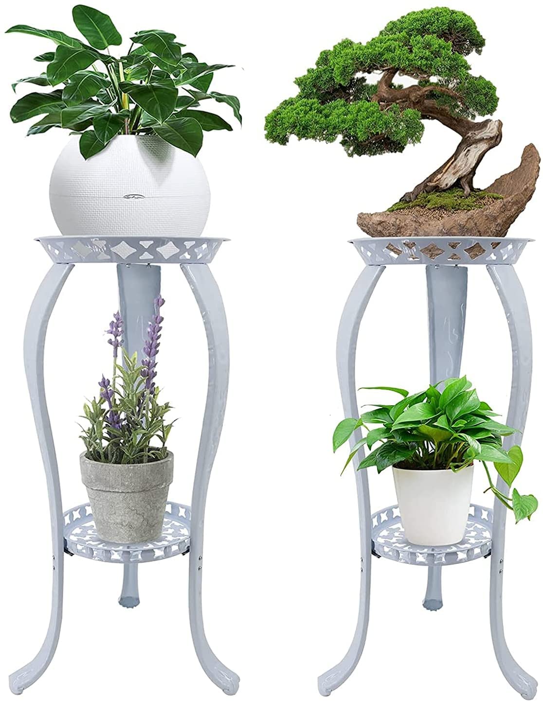 32 Inch Tall 2-Tier Metal Plant Stand - Rustproof Wrought Iron Flower Pot Holder for Indoor & Outdoor Garden Decor, White (2 Pack) - Perfect for Balcony, Patio, Living Room & Corner Spaces