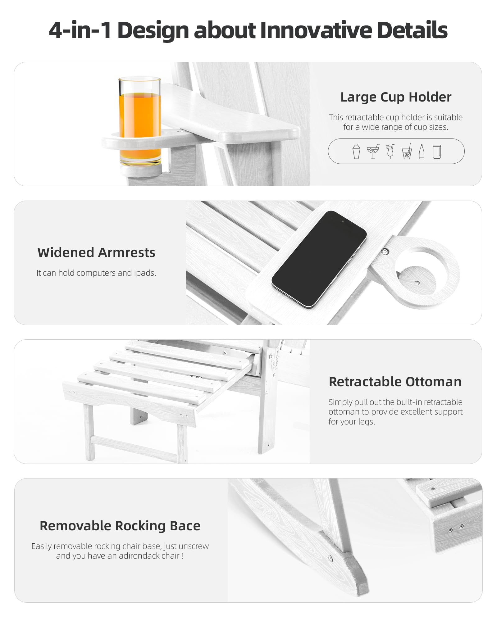 4-in-1 Folding Adirondack Rocking Chair with Retractable Ottoman - Wood Texture Outdoor Patio Chair for Porch, Backyard, Pool & Garden - Comfortable Lawn Furniture for Relaxing, Sunbathing & Outdoor Lounging (White)