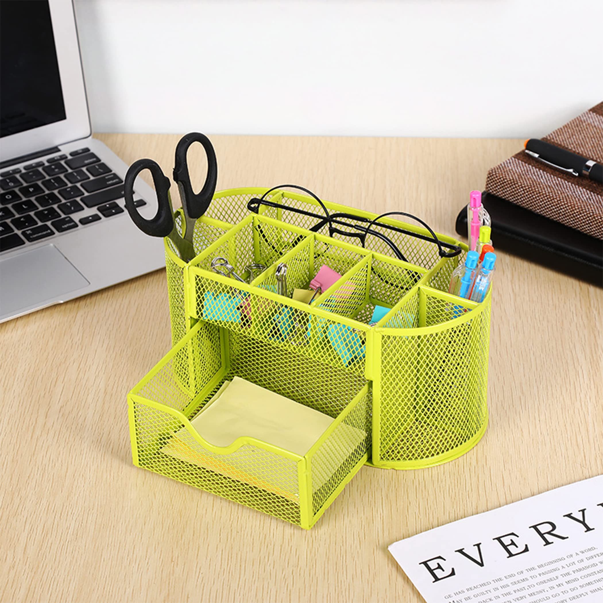 RKQOA Mesh Desk Organizer with 9 Compartments & Drawer - Metal Multifunctional Office Organizer for Pens, Stationery & Supplies | Perfect for Home Office, Workspace & School Desk Organization