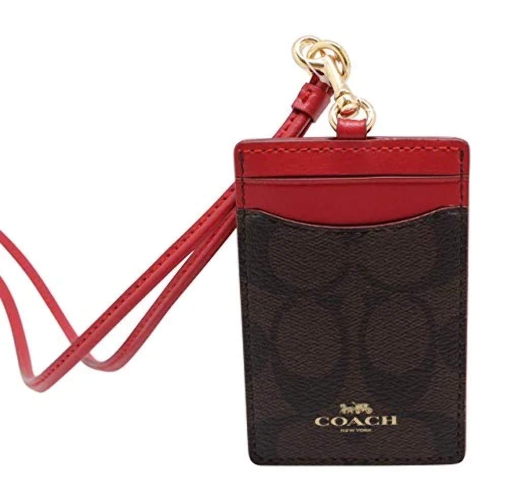 Coach Signature Brown & Red Lanyard ID Badge Holder with Card Slot - Stylish Work Accessory for Office, School, and Events (Model 63274)
