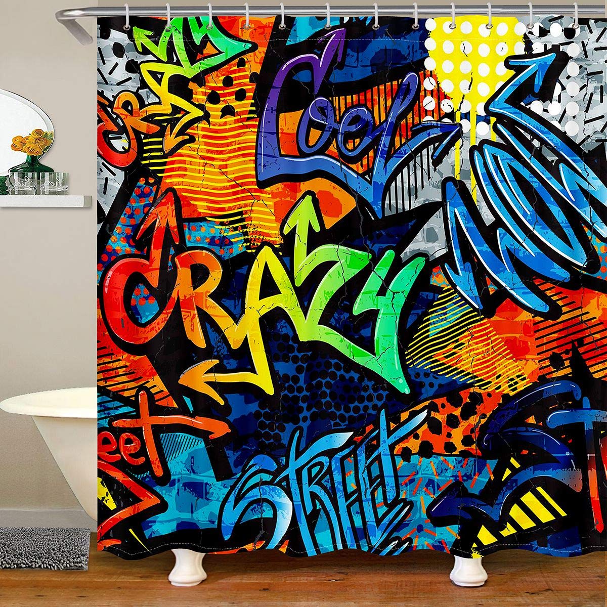 Hippie Graffiti Style Waterproof Shower Curtain - Street Art Bathroom Decor for Teens & Kids Boys Girls - Colorful Fabric Shower Curtain with Hooks - Perfect for Urban Themed Bathrooms, Hip Hop Bedrooms & Youth Culture Spaces