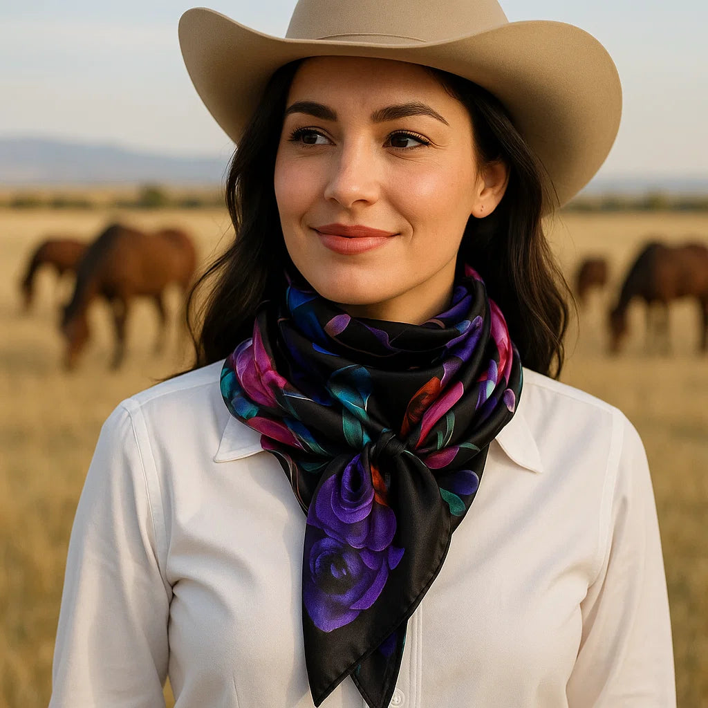 35X35 Black with Pink & Purple Roses Wild Scarf - Western Bandana for Cowgirls, Horse Riding, Rodeo & Outdoor Fashion Accessory