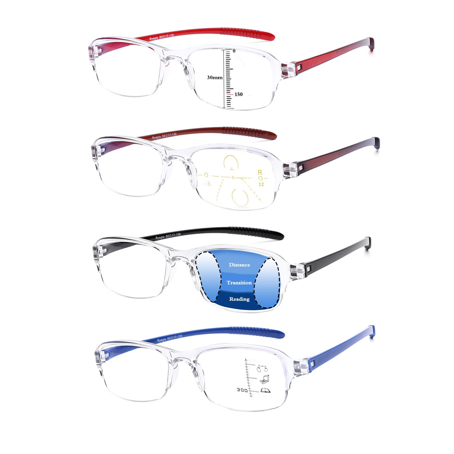 4 Pairs Progressive Multifocus Reading Glasses with Blue Light Blocking - Comfortable Readers for Computer, Reading & Office Work - Anti-Eye Strain Glasses for Men & Women