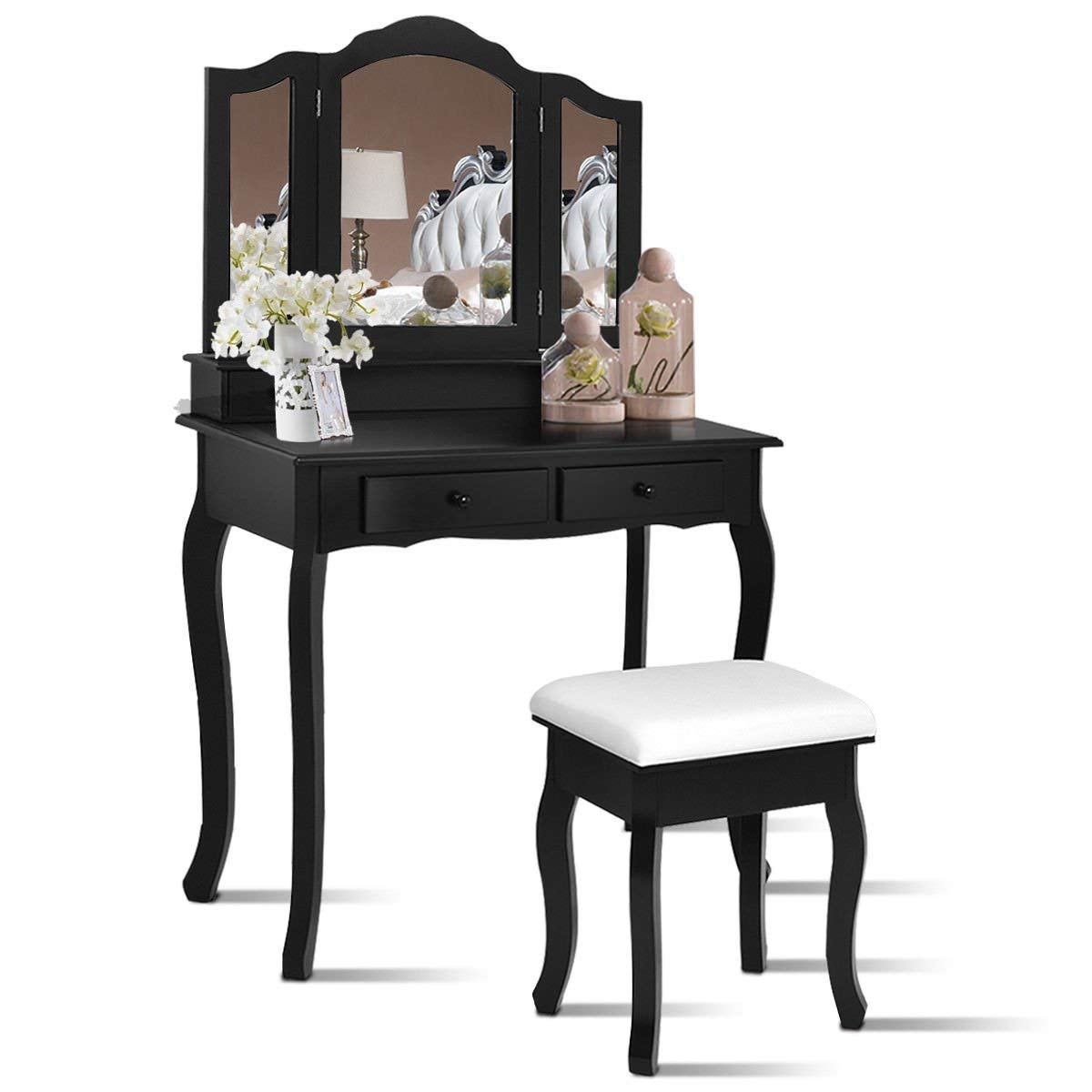 Casart Black Bathroom Vanity Set with Tri-Folding Mirror & Bench - 4 Drawer Dressing Table Makeup Vanity for Home (Perfect for Small Spaces & Bedroom Organization)