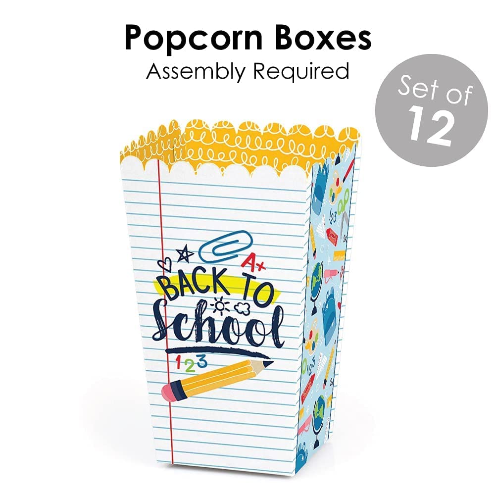 Back to School Party Favors - Bow & Popcorn Boxes, Water Bottle Stickers for Classroom Celebrations
