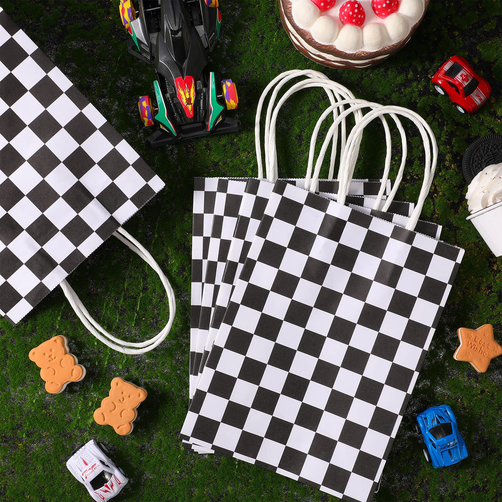 Epakh 16 Pcs Checkered Racing Treat Bags - Black & White Race Car Party Favors with Handles - Themed Birthday Party Supplies - Perfect for Race Car Birthday Parties, Candy Goodie Bags, and Checkered Flag Decorations