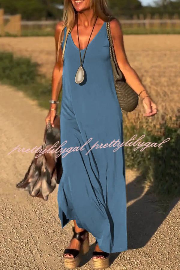 Elegant Solid Color V-Neck Sleeveless Maxi Dress - Casual Loose Fit Summer Beach Dress for Women | Perfect for Vacation, Date Night & Outdoor Events
