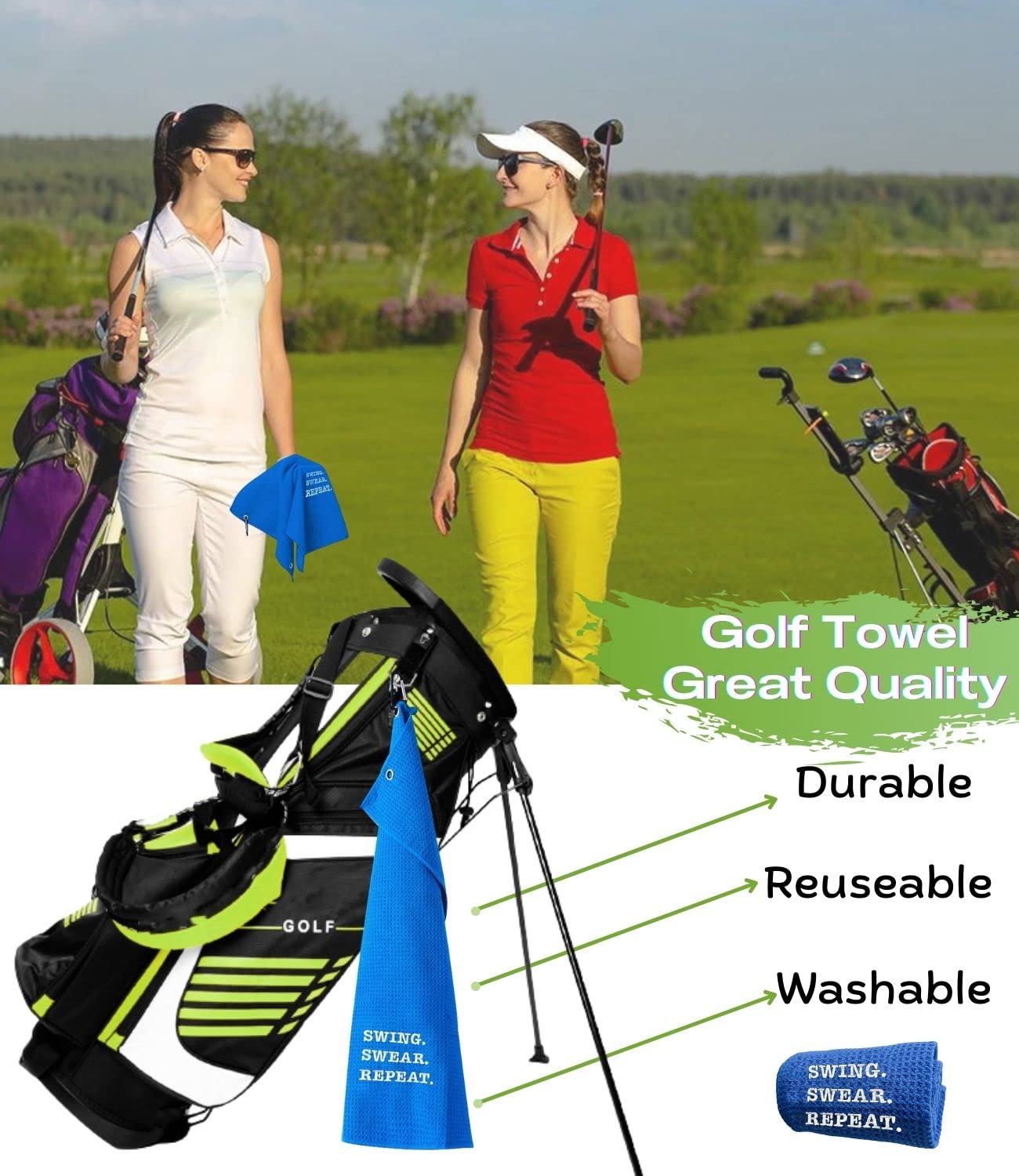 Funny Golf Towel - Swing Swear Repeat Embroidered Golf Accessories with Clip for Men | Golf Bag Towel | Perfect Golf Gifts for Dad, Husband & Golfers | Great for Courses, Tournaments & Practice