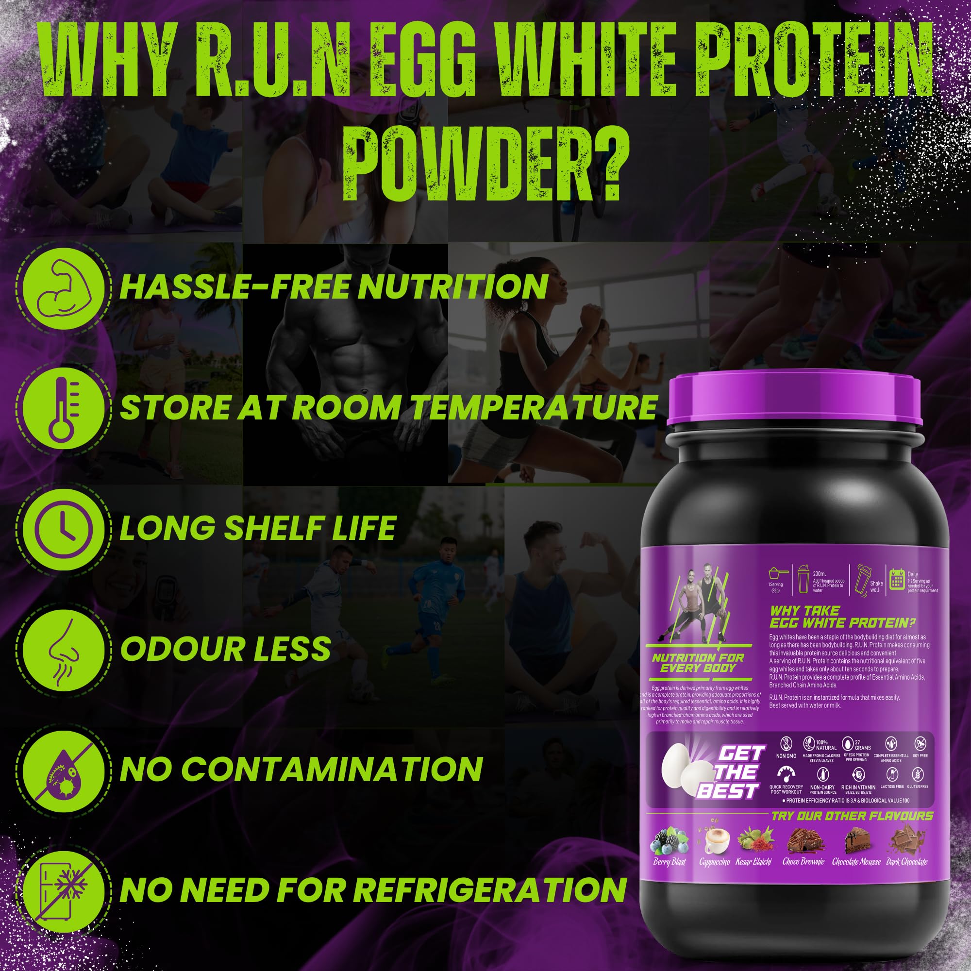 R.U.N-RISE UP NUTRITION Egg White Protein Powder for Athletes & Fitness | 27g Protein, 14g EAA | Lactose, Soy & Gluten Free | Supports Immunity & Muscle Recovery | Cappuccino Flavor - 1kg | Perfect for Post-Workout & Healthy Lifestyle