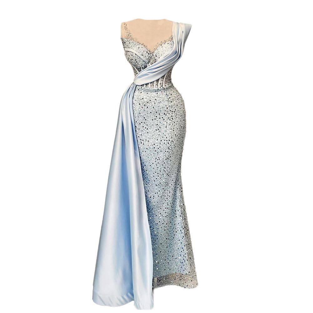 Engerla Women's Sleeveless Sequin Mermaid Evening Dress with Lace & Pearl Details - Elegant Prom, Bridal & Bridesmaid Gown for Weddings, Parties & Special Occasions