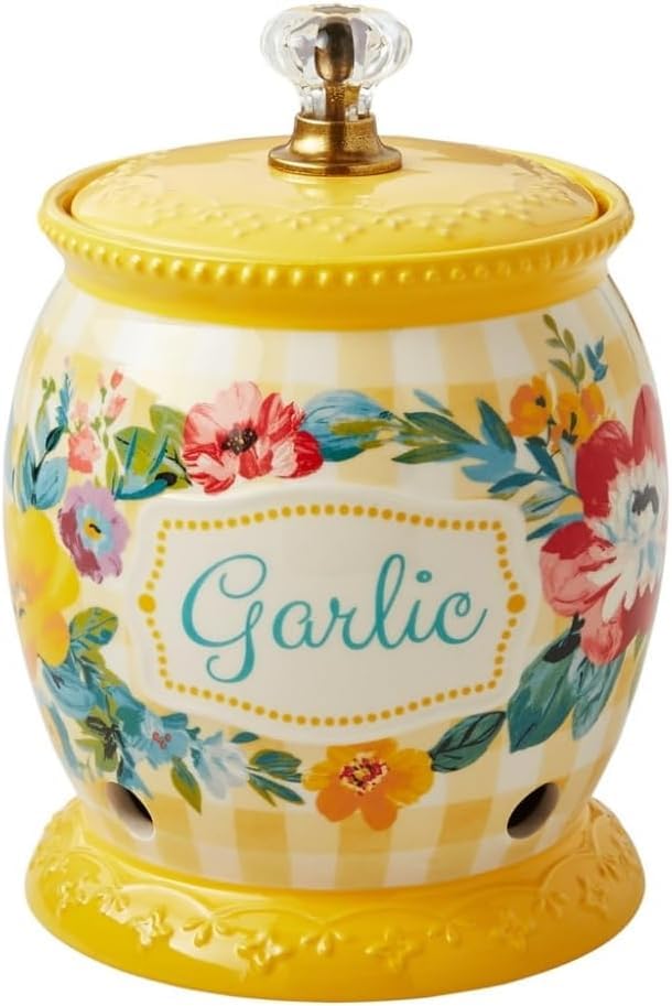 Pioneer Woman Sweet Romance Ceramic Garlic Keeper with Lid - Airtight Storm Glass Jar for Fresh Garlic Storage - Perfect for Kitchen Countertop, Pantry & Farmhouse Decor
