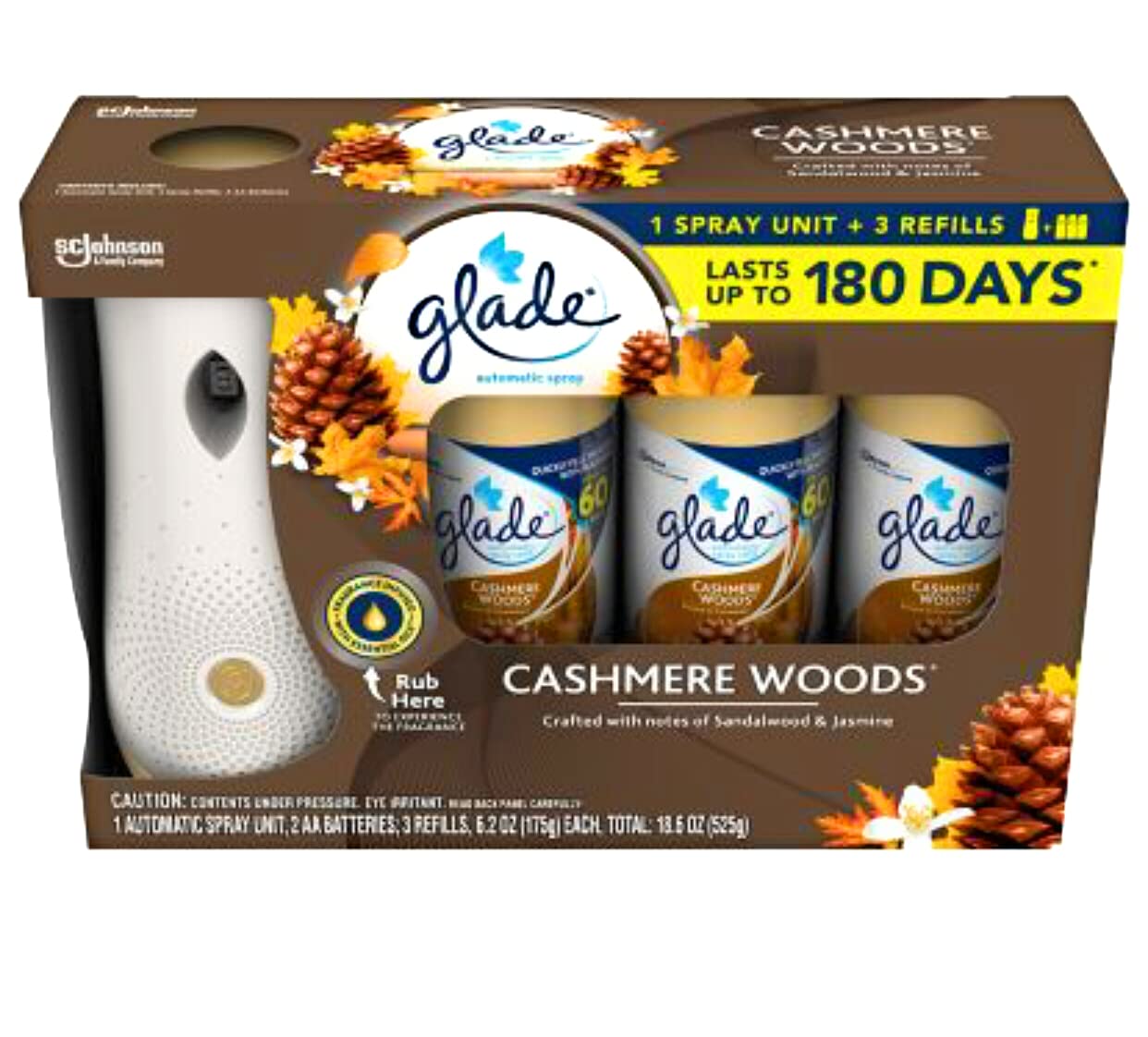 Glade Automatic Spray Refillable Air Freshener - Cashmere Woods Scent, 1 Spray Unit + 2 AA Batteries + 3 Refills (6.2 oz Each, 18.6 oz Total) - Perfect for Home, Office, Bathroom & Car Odor Elimination