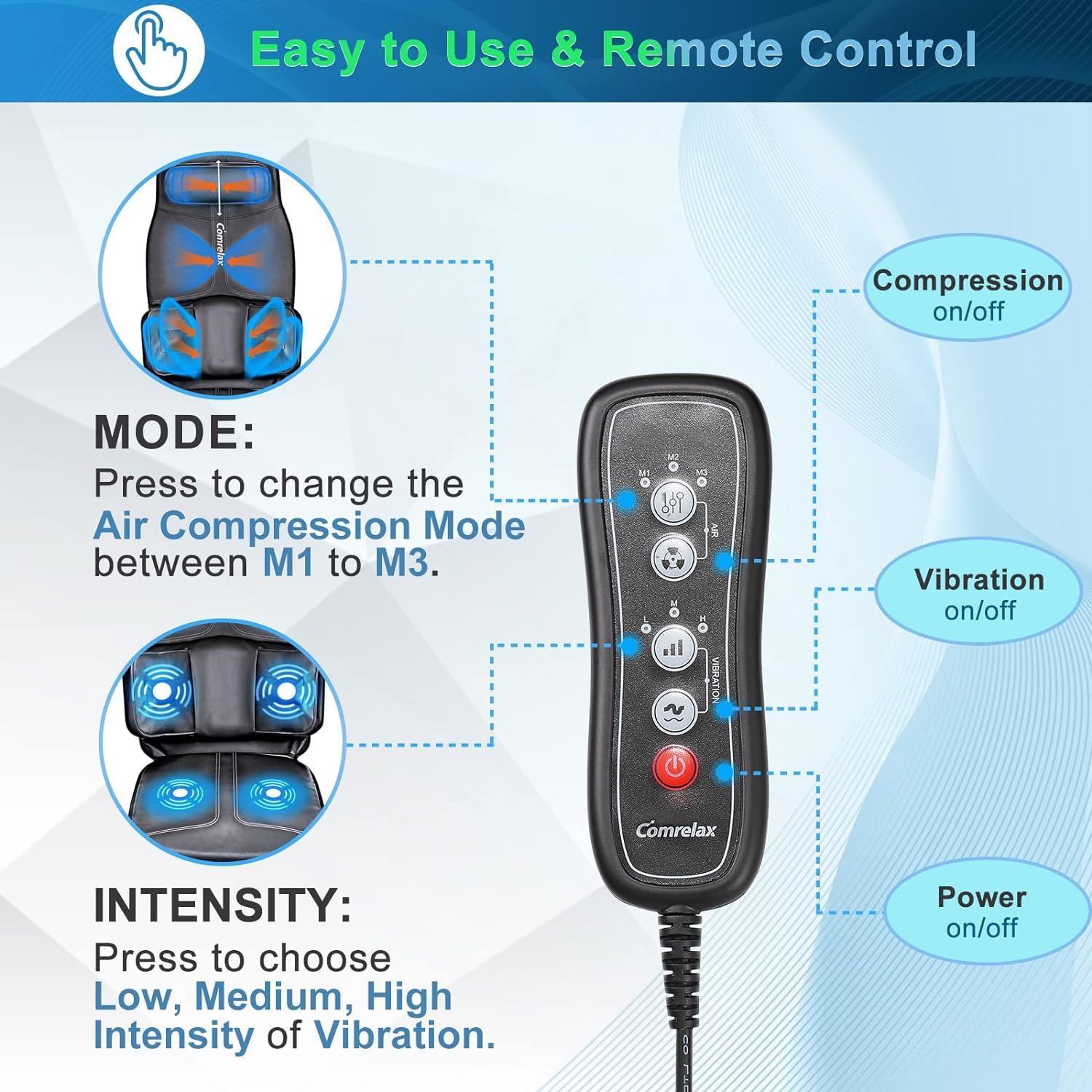 Back Massager with Compression & Vibration - Adjustable Massage Cushion for Neck, Back, Waist & Hips - 3 Modes & 3 Intensity Levels - Soft Leather Chair Pad - Perfect for Home, Office & Car Use - Relieves Muscle Pain & Improves Posture