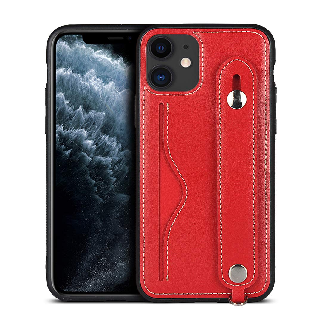 Premium Genuine Leather iPhone 11 Case with Card Holder & Lanyard - Shockproof Protective Cover (Red) - Perfect for Travel, Work & Everyday Use