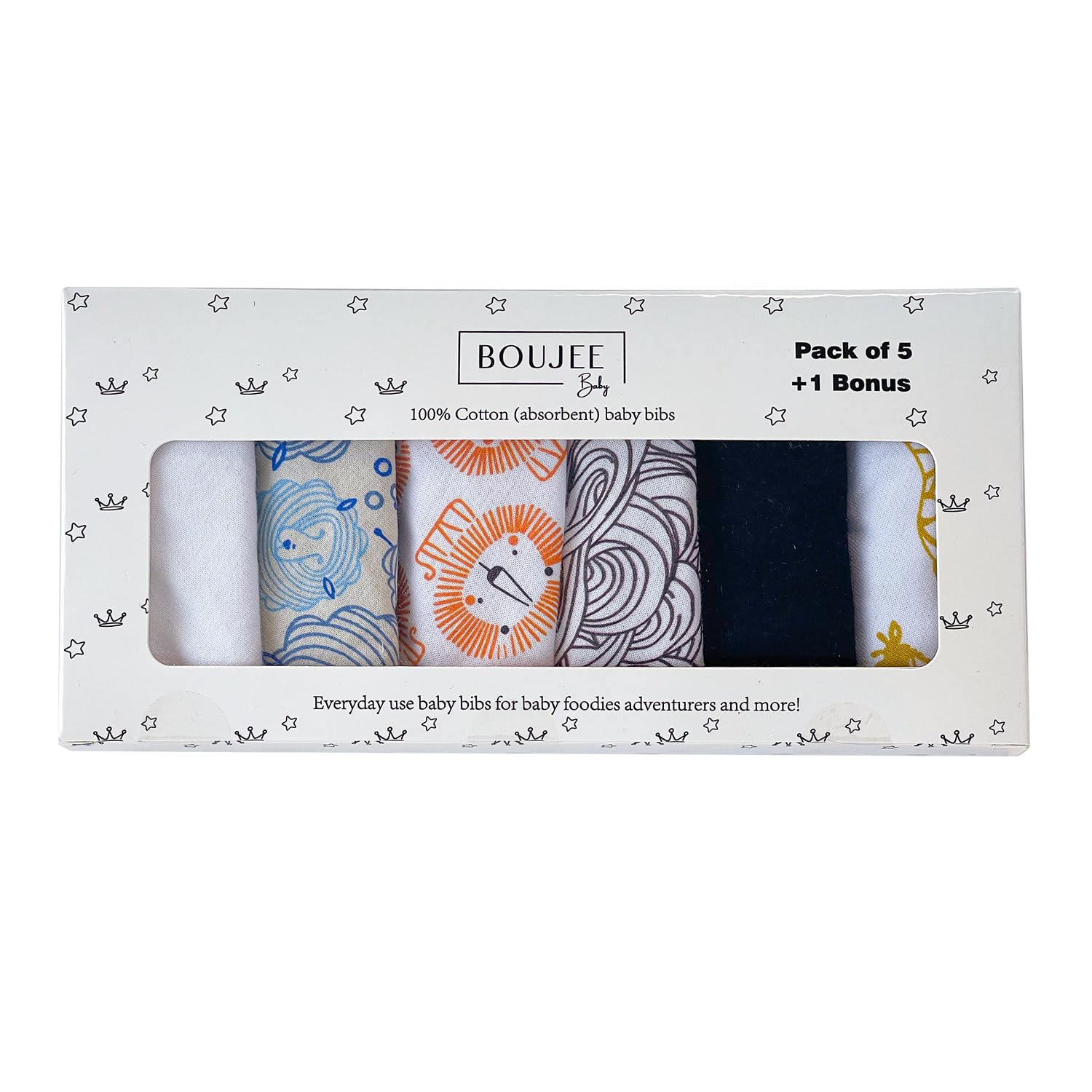BOUJEE Baby 100% Cotton Adjustable Drool Bibs - Ultra Absorbent, Soft & Flexible for Newborns & Toddlers - Machine Washable, Pack of 6 - Perfect for Feeding, Teething & Messy Playtime